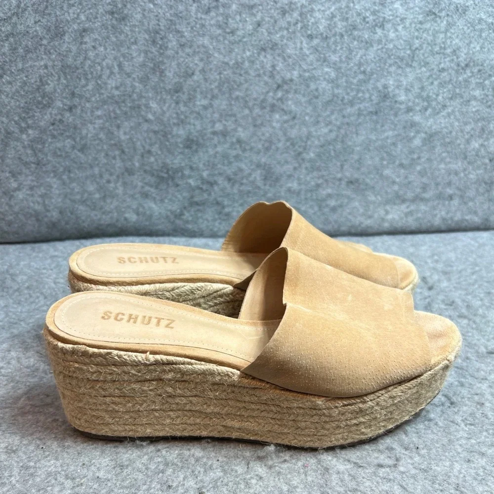 Schutz Tan Suede Espadrille Wedge Platform Sandals Mules Summer 8 Made In Brazil